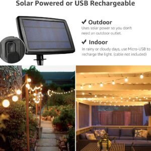 Lepro Solar Outdoor String Lights Patio Bistro Lights, 25ft 26 LED G40 Bulbs, USB Rechargeable Portable Edison Café String Lights for Porch, Pergola, Backyard, Garden, Pool, Party, Camping, 3600mAh