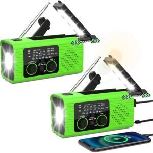 Emergency Radio, Multifunction Solar Charger Hand Crank NOAA Weather AM/FM Radio 4000mAh with USB Charged, Reading Lamp, Flashlight, SOS Alarm, Headphone Jack for Emergencies, 2 Pack