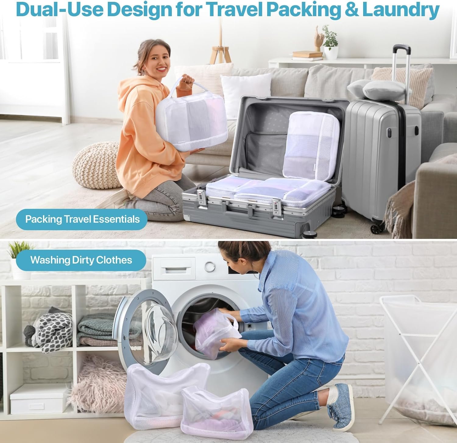 Cambond Dual-Use Mesh Packing Cubes Laundry Bag - See Through Packing Cubes for Travel, Lightweight Machine Washable Mesh Laundry Bags Wash Bags with Handle, Travel Bags Luggage Suitcase Organizer - Image 4