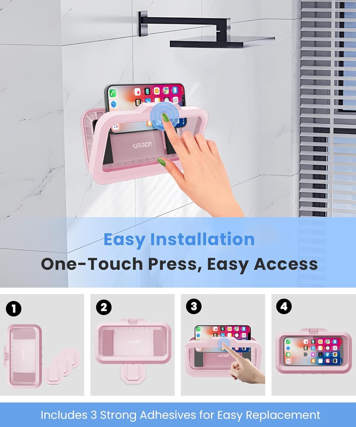 URROY Shower Phone Holder Waterproof One-Touch Open Shower Phone Case Anti-Fog & Sensitive Touchscreen Bathroom Wall Phone Mount Stand Universal Fit for iPhone & Smartphones Gift for Men Women Pink - Image 4