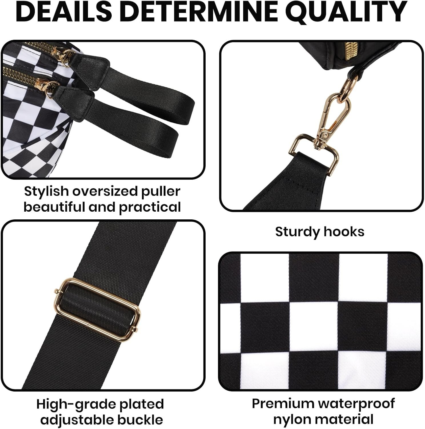 Checkered Crossbody Bum Bags for Women, Spacious Nylon Sling Bag Fanny Pack with Adjustable Shoulder Strap Belt Bag (Black-White Checkered) - Image 6
