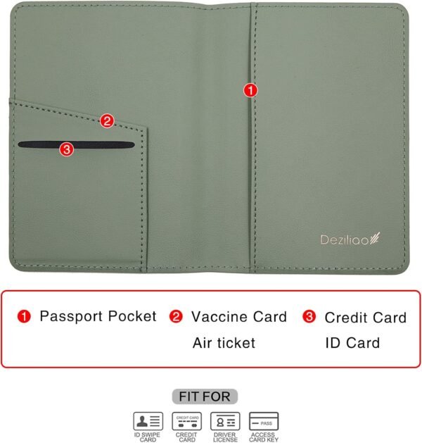 Deziliao Passport Holder,Passport Holder Card Slots, Passport and Vaccine Card Holder Combo, Cute Passport cover for Women and Men, with Waterproof Rfid Blocking, Passport Travel Wallet(Moss green) - Image 3