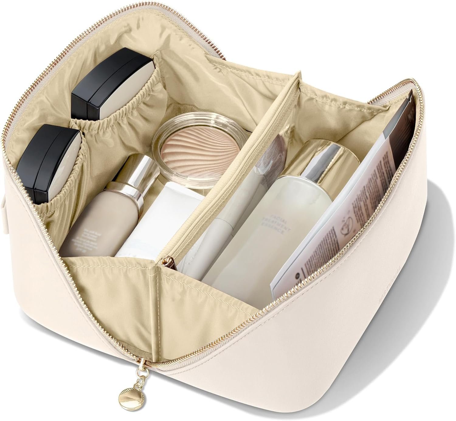 Travel Makeup Bag, Large Capacity Cosmetic Bags for Women, Waterproof Portable Pouch Open Flat Make up Organizer Bag with Dividers and Handle, Toiletry Bag for Essentials, Beige