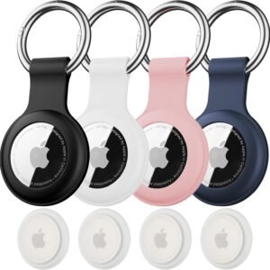 for AirTag Keychain Holder case, with Soft Silicone for air Tags-4 Pack Apple， IPX8 Waterproof for Apple GPS Tracker Item Tag Finders for Air Tag, for Key Ring Luggage tag,Keys, Dog Collar