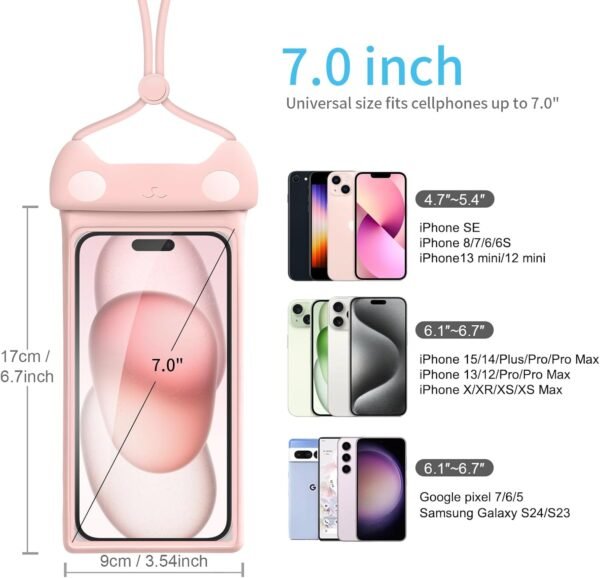 wellhouse Waterproof Phone Pouch, Waterproof Phone Case for iPhone 16 15 14 13 12 Pro Max XS Samsung, IPX8 3D Cellphone Dry Bag Beach Essentials (2 Pack - Meow Pink & Blue7.0, 7 inch) - Image 4