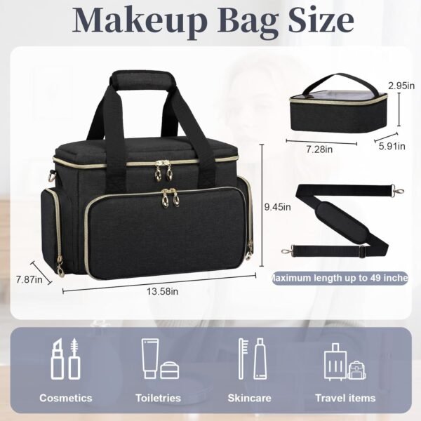 Large Makeup Bag, Portable Travel Makeup Bag Organizer for Women Girls with 2 Removable Pouches & Detachable Dividers, Cosmetic Travel Bag, Toiletry Bag for Makeup and Hair Supplies Black - Image 2