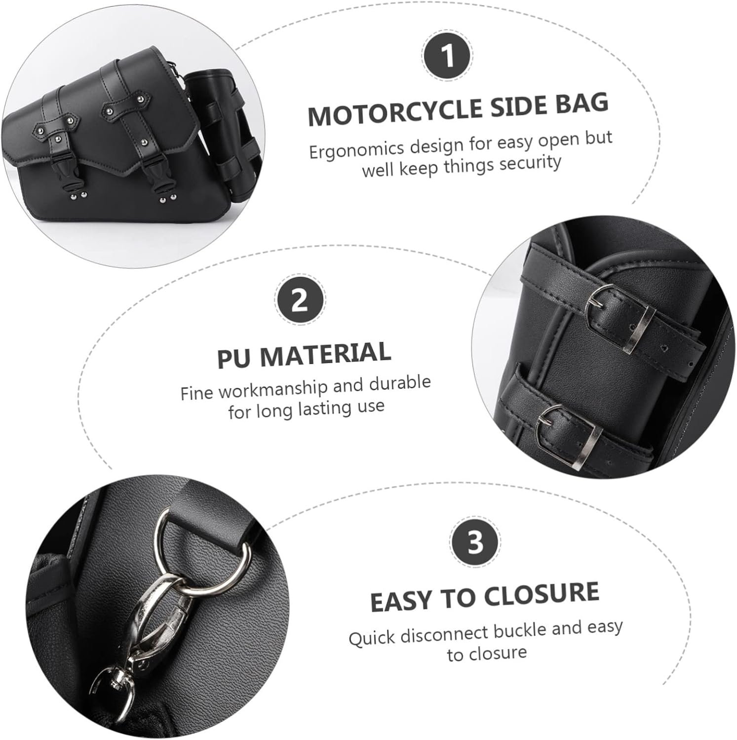 Motorcycle Side Bag PU Tool Storage with Water Bottle Holder Quick Disconnect Buckle Swingarm Case for Bikes Road and Mountain Cycling Left Side Black - Image 2