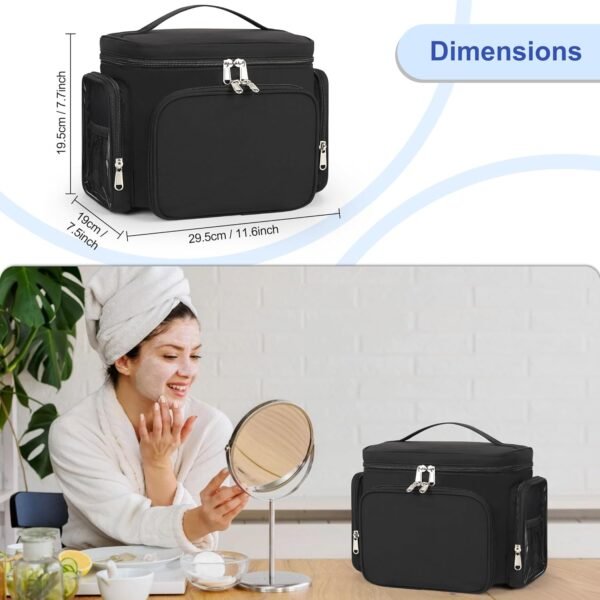 Large Makeup Bag, Travel Toiletry Bag for Women, Lightweight Cosmetic Makeup Bag Organizer with Handle and Clear Side Pockets for Traveling, Accessories, Essentials, Toiletries, Black - Image 6