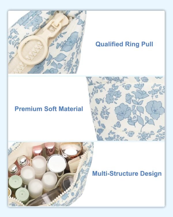 Small Makeup Bag, Portable Roomy Cosmetic Bag for Women, Floral Make Up Pouch, Mini Toiletry Bag Accessories Organizer for Trip, Office Stationery - Blue Flower - Image 3