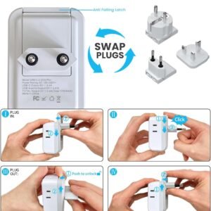 VINTAR European Travel Plug Adapter Kit, Adapter for Europe Plug with 3 USB Ports (2 USB C) 4 AC Outlets, Type C,G,E/F Detachable Attachments, International Power Adapter for Europe UK France Italy