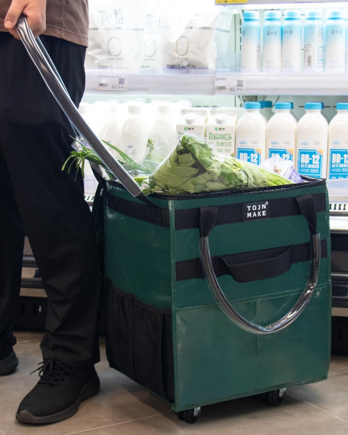 Reusable Grocery Bag On Wheels Shopping Trolley with 8 Pockets and Zipper Cover Foldable Rolling Tote, Heavy Duty Handles, Carries Up to 66 LBS Medium - Image 3