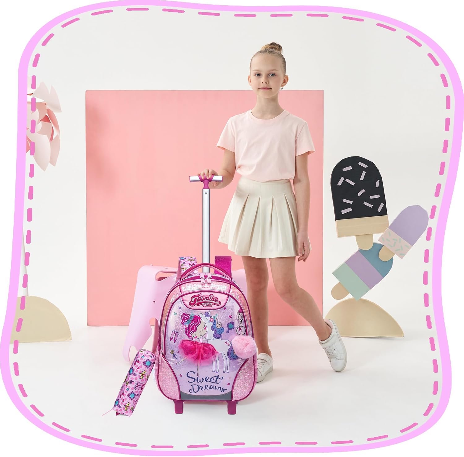Girls Rolling Backpack Kids Trolley School Bag with Wheels Roller Backpacks for Girls 10-12 School Rolling Backpack for Kids with Lunch Box Pencil Case - Image 6