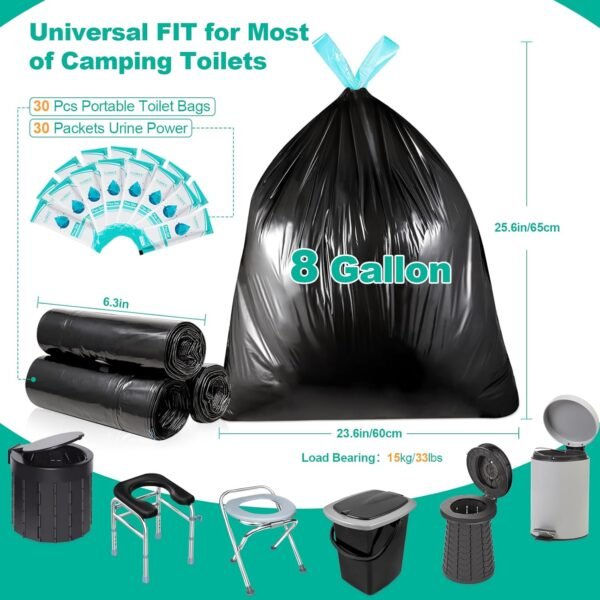 60 Portable Toilet Bags with Poo Gel Set, 8 Gallon Camping Toilet Bags with Absorbent Gels, Waste Bags, Leak-Proof Trash Bag for Camping Potty, Traveling - Image 2