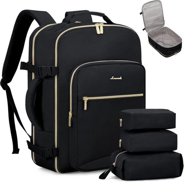 LOVEVOOK Carry on Backpack, 50L Travel Backpack Flight Approved, Waterproof Large 18inch Laptop Backpack Luggage Daypack Business Weekender Overnight with 3 Packing Cubes, Black-Black