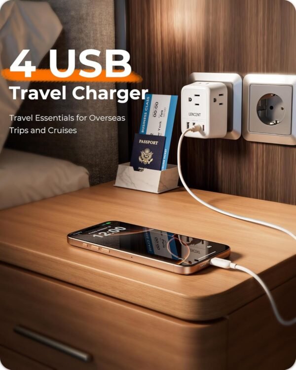 LENCENT European Travel Plug Adapter, Foldable US to Europe Plug Adapter with 4 Outlets, 4 USB (2 USB C) Charger Adapter, Type C Power Adaptor for USA to Italy Spain France Portugal Iceland Germany - Image 4