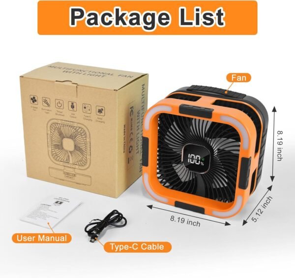 Portable Camping Fan with Solar Panel, 10000mAh Solar Powered fan, 6 Speed Levels, 120° Oscillation, 3 Light Modes, 6H Timer, Handle, Foldable Rechargeable Outdoor Fan for Tent, Hiking, Beach - Image 9
