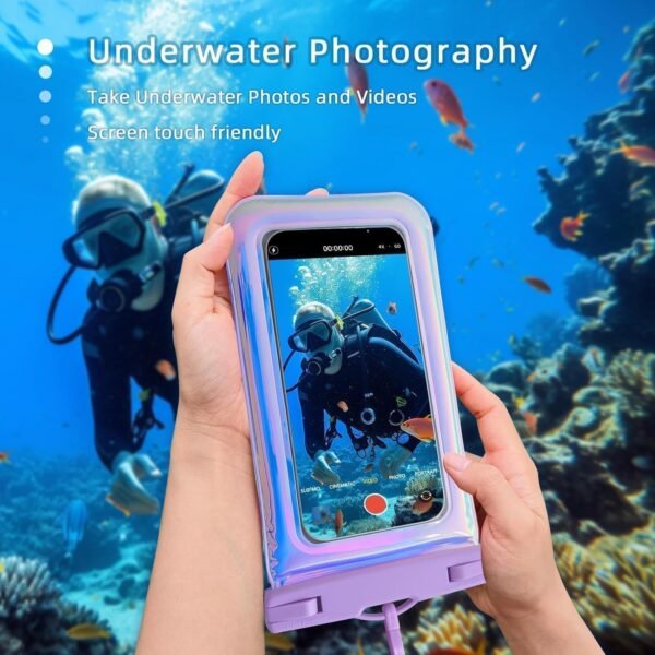 Floatable Waterproof Phone Pouch Case 2 Pax for iPhone 16 Pro Max/15/14/13/12, IP68 Travel Cellphone Dry Bag Beach Cruise Ship Essentials Bags with Crossbody Lanyard, Iridescent Purple and Black-7″ - Image 4