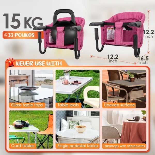 Hook On High Chair - Portable & Foldable for Babies 6-36 Months, Family & Travel Use with Carry Bag(Rose Red) - Image 2