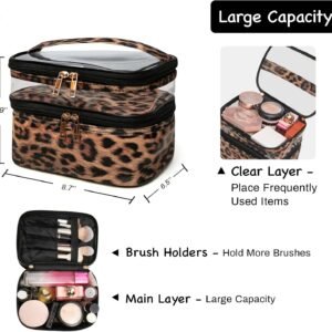 Double-layer Cosmetic Bag Makeup Bag Travel Makeup Bag Makeup Bags for Women Cosmetics Cases Portable Waterproof Foldable (Leopard)