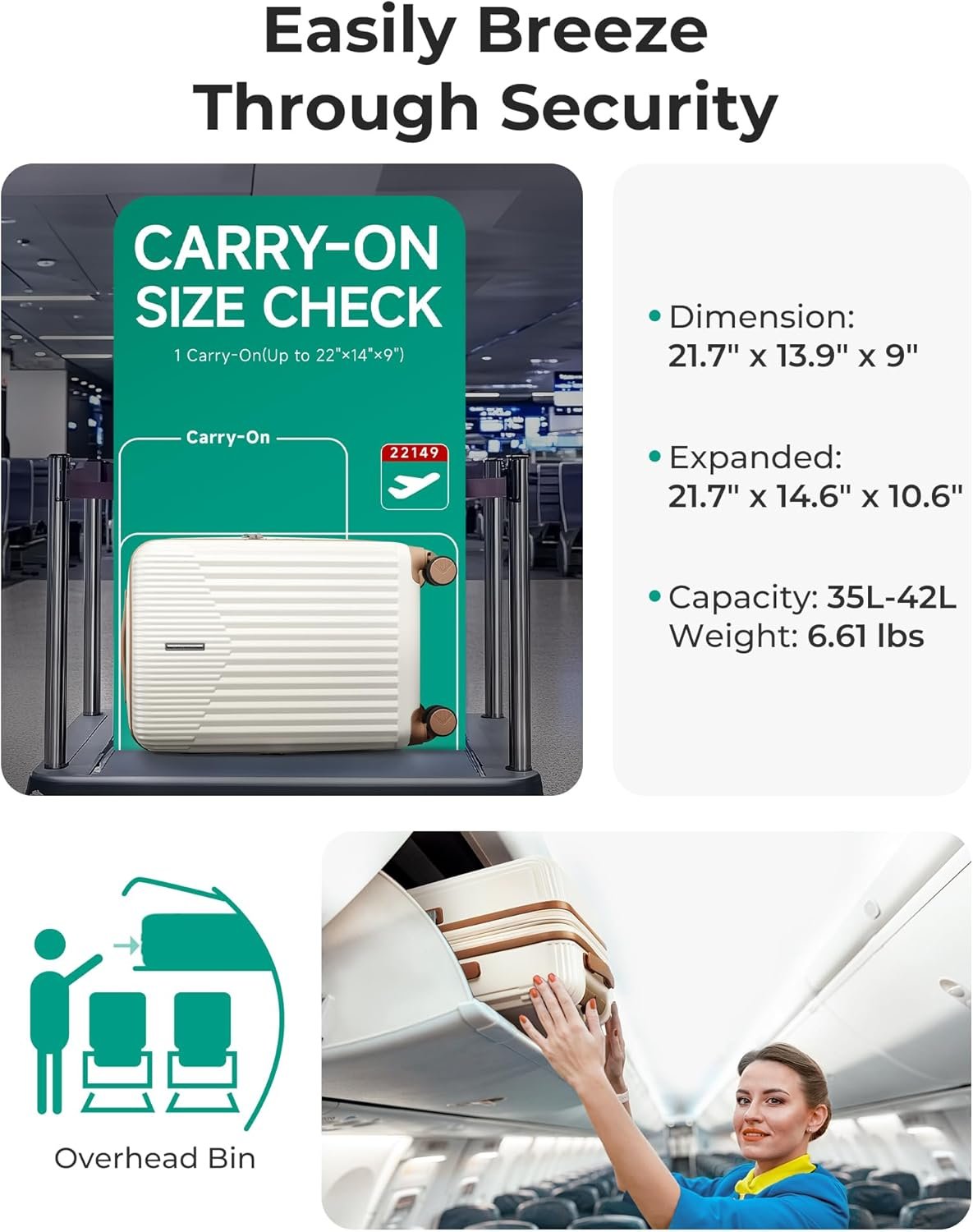 BAGSMART Carry On Luggage 22x14x9 Airline Approved with Spinner Wheels,100% PC Hardside Expandable Luggage with TSA Lock for Trips, 20 Inch Rolling Suitcases for Men Women,Beige - Image 4