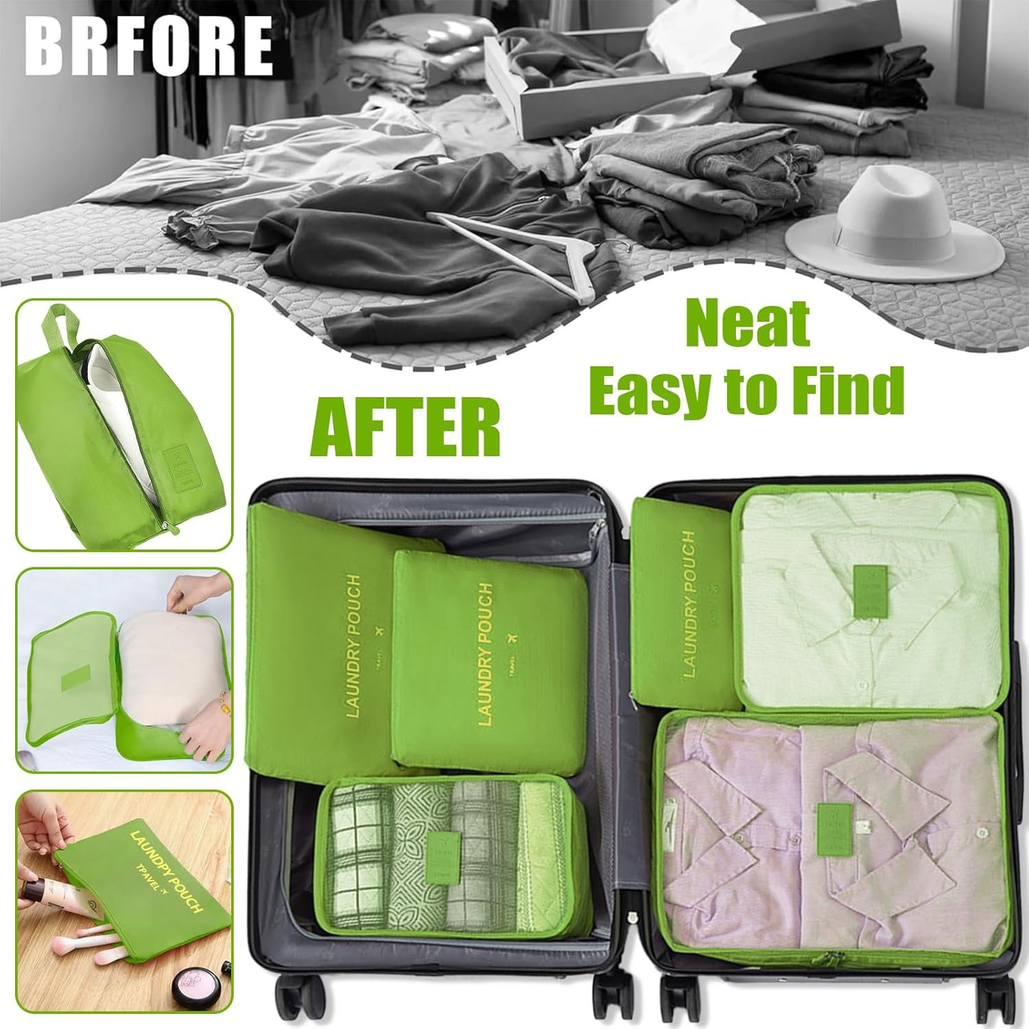 7 Set Packing Cubes for Travel Luggage Packing Bags Reusable Waterproof Suitcase Organizer Bags Set with Shoe Bag and Toiletry Bag (Green) - Image 7