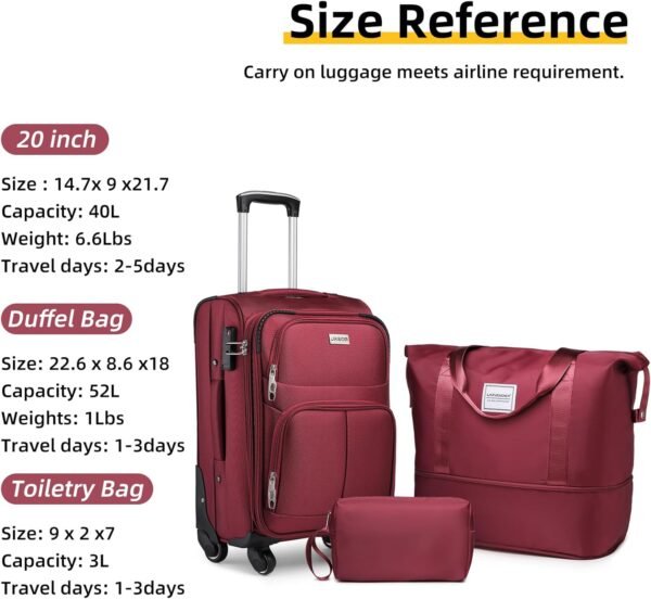 LARVENDER Softside Luggage Sets 3 Piece, Expandable Carry on Luggage 22x14x9 Airline Approved with TSA Lock Spinner Wheels, Lightweight Rolling Suitcase for Men and Women, Wine Red - Image 4