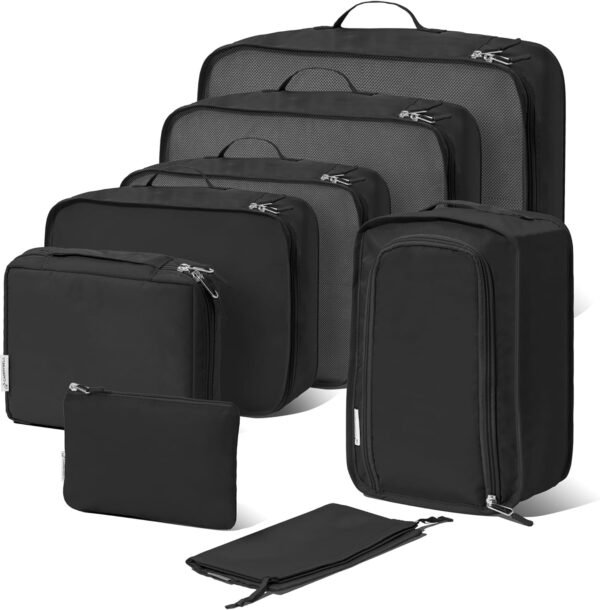 (Not Made In China) 8 Set Packing Cubes For Suitcases and Carry-On, Luggage Organizer, Cruise Ship Essentials and Travel Accessories (Black)