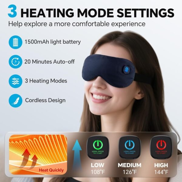 Heated Sleep Mask for Dry Eyes Relief, Rechargeable Warm Compress with 3 Heat Settings, Washable Cover, Cordless Design for Travel & Night Use - Image 2