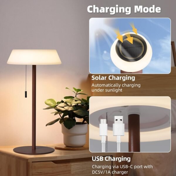 Solar LED Outdoor Table Lamp Waterproof, 3 Level Dimmable Desk Night Light, Portable Cordless USB Rechargeable, for Home/Deck/Patio/Garden (Bronze) - Image 4