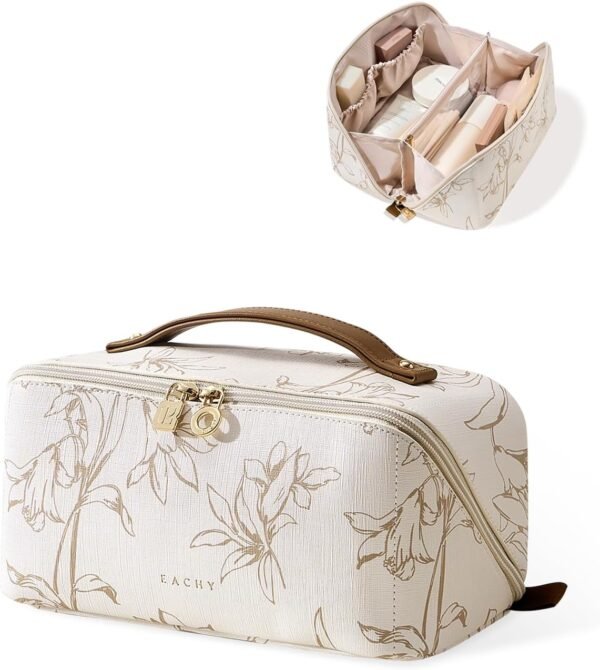 EACHY Travel Makeup Bag, Large Capacity Cosmetic Bags for Women, Waterproof Portable Pouch Open Flat Toiletry Bag Pattern Make up Bag (F-Beige)