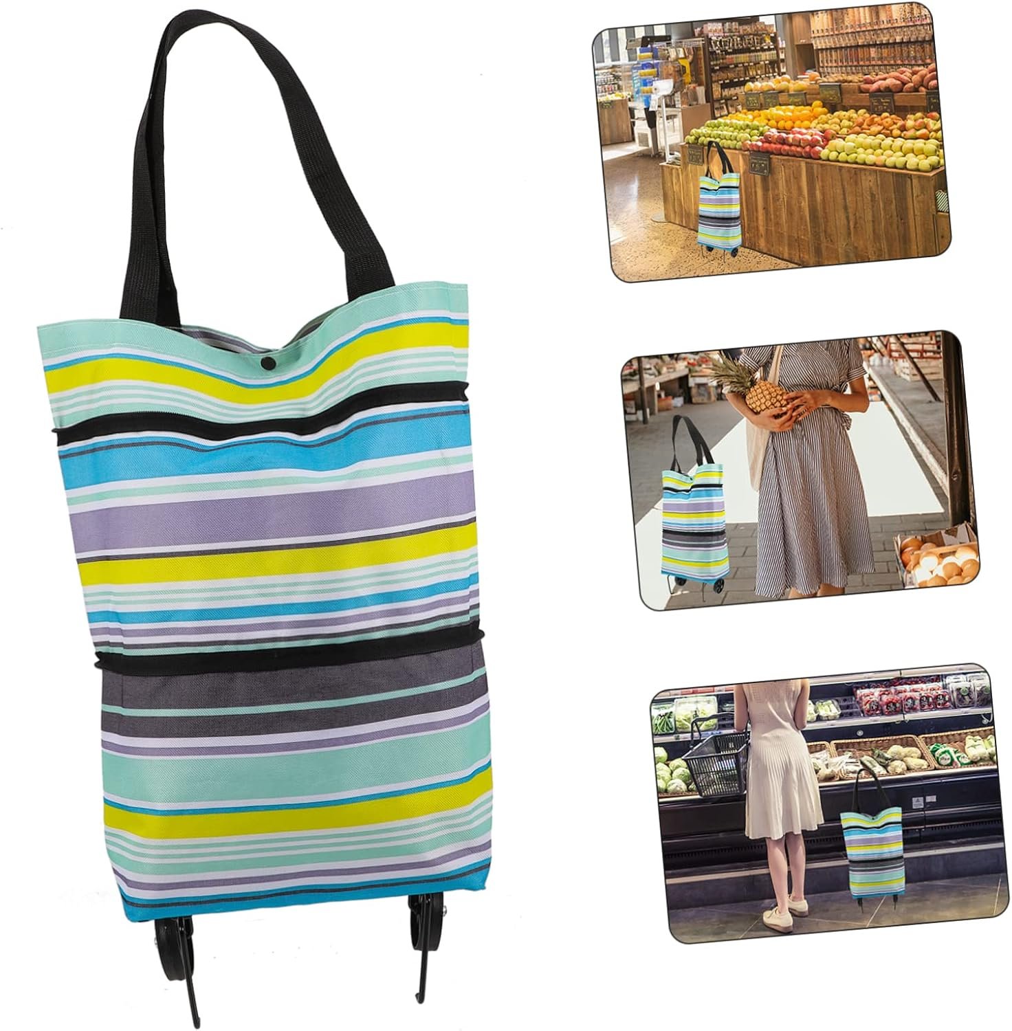 Collapsible Foldable Trolley Bag with Wheels Adjustable Handle Reusable Grocery Shopping Cart Storage for Laundry Fruits Vegetables Portable Foldable Shopping Tote Blue Stripe - Image 7