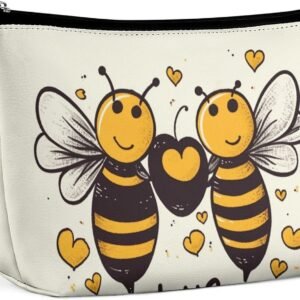 Waterproof Travel Makeup Bag Case Organizer, PU Leather Bee Love Honey Cosmetic Bags, Small Toiletry Case Cute, Portable Zipper Pouch for Women Men, Travel Accessories