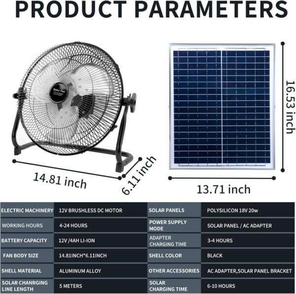 14 Inch Portable Rechargeable Table Fan with Solar Panel Powered and AC Charger Dual Input for Household, Camping, Fishing Outdoors - Image 4