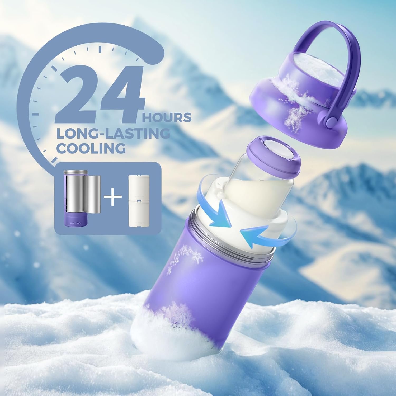 Momcozy 22oz Portable Breast Milk Cooler for Outdoor, Life Saver with 360° Total Cooling for 24 Hours, Larger Capacity Travel Breastmilk Chiller with 2pcs Baby Bottles for Breastmilk Storage, Purple - Image 3