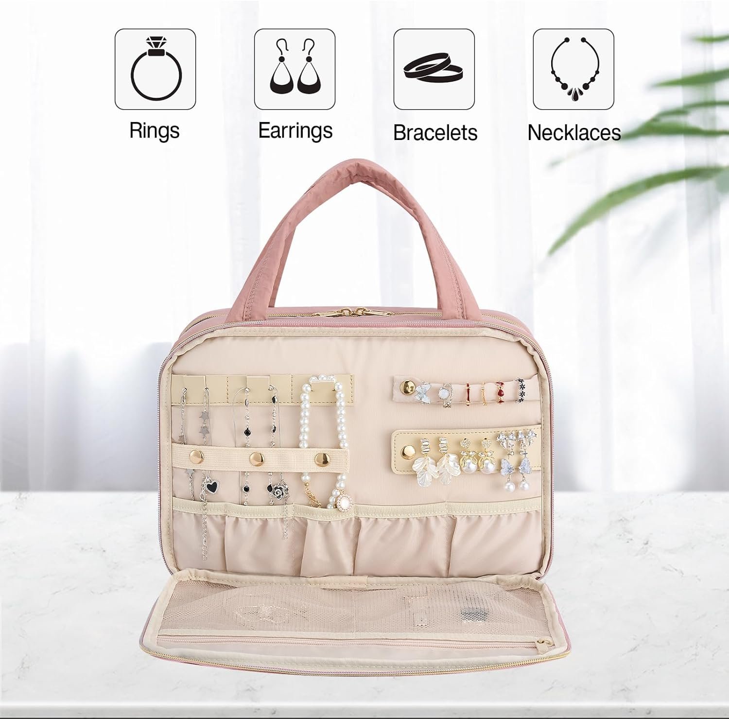 Hanke Hanging Travel Toiletry Bag for Women with Jewelry Organizer Compartment, Travel Essentials Toiletries and Makeup Bag, Water-Resistant & Stain-Resistant with Trolley Strap (Pink) - Image 3