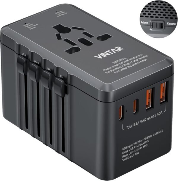 220V to 110V Travel Voltage Converter, VINTAR 2000W International Universal Voltage Converter US to Europe Adapter with 4 USB Ports (2 USB C), Step Down Power Converter Adapter Combo for US EU UK AUS