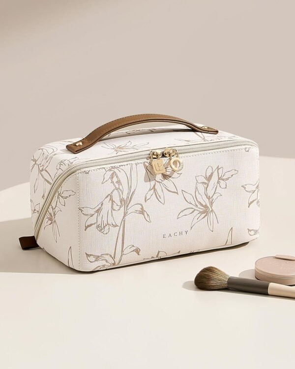 EACHY Travel Makeup Bag, Large Capacity Cosmetic Bags for Women, Waterproof Portable Pouch Open Flat Toiletry Bag Pattern Make up Bag (F-Beige) - Image 8
