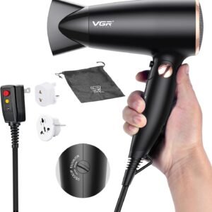 VGR Dual Voltage(100~250V) Travel Hair Dryer with European Plug Adapter for International Travel, Portable Hair Dryer with Concentrator Nozzles