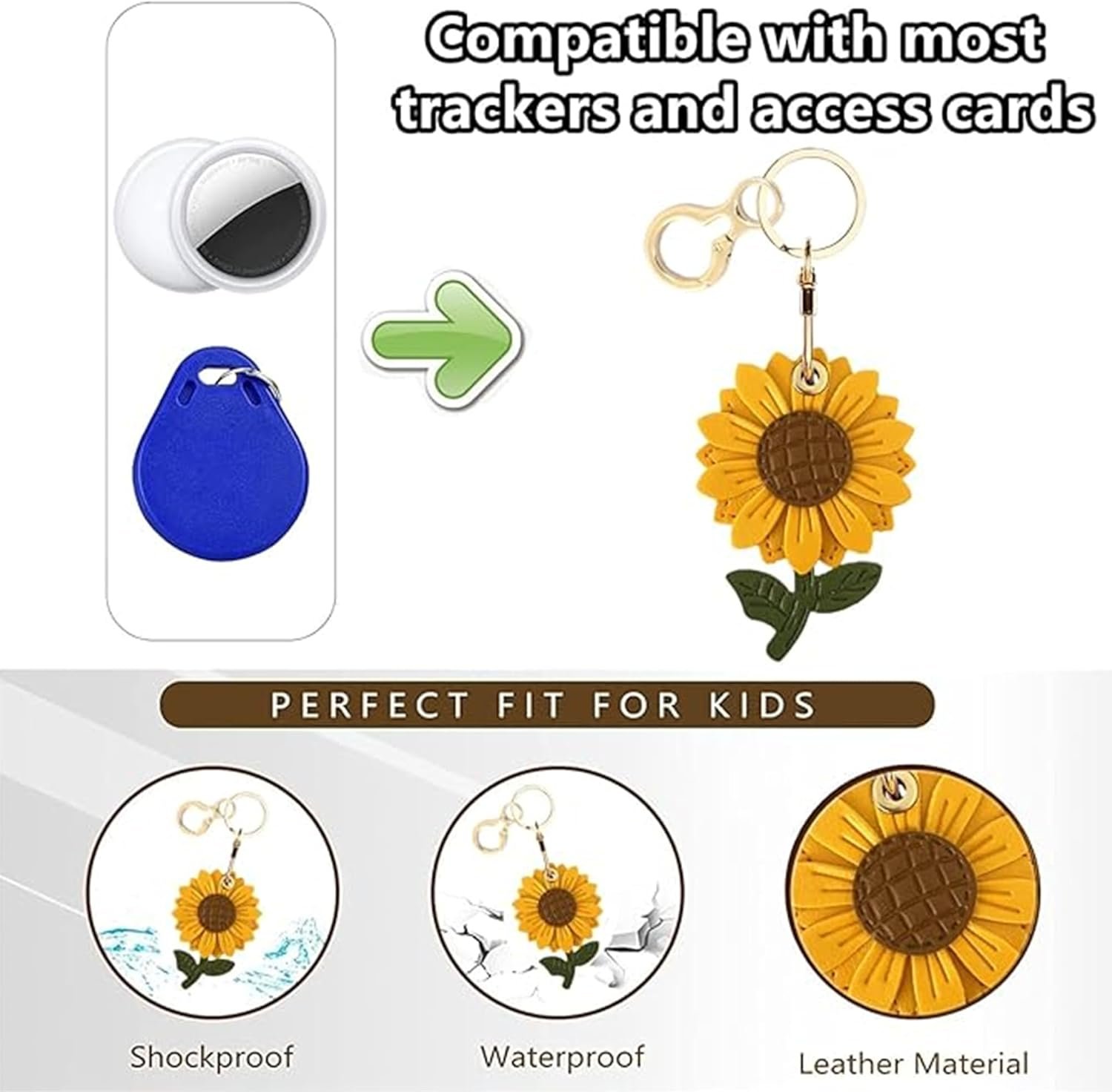 Leather Keychain Holder Case Compatible with AirTag,Cute Protective Apple Air Tag Cover with Keychain Ring,Anti-Scratch Finder GPS Tracker Case for Wallet Keys,Bag,Pets(Sunflower) - Image 4