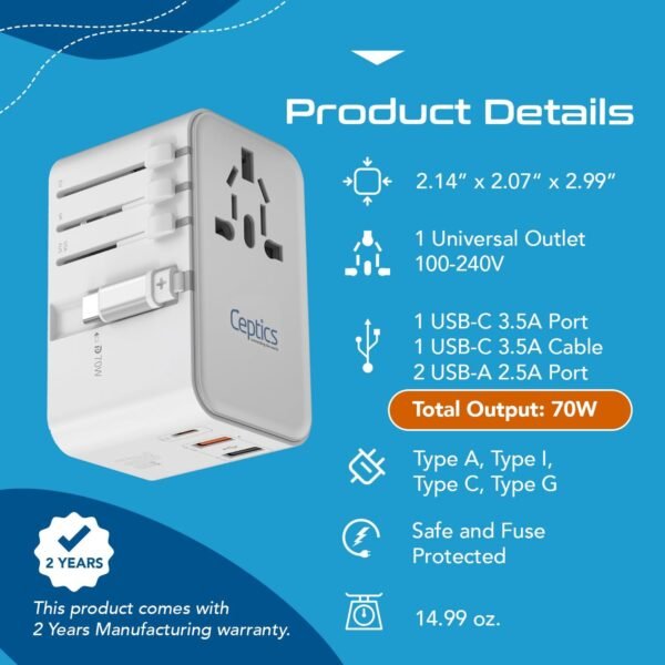 Ceptics GAN 70W Universal Travel Adapter with 65cm Retractable USB-C Cable, 2X USB-A (1x QC 3.0), 1x Type C Port (PD 70W), Universal Power Adapter with Type A, C, G, I Output - Image 5