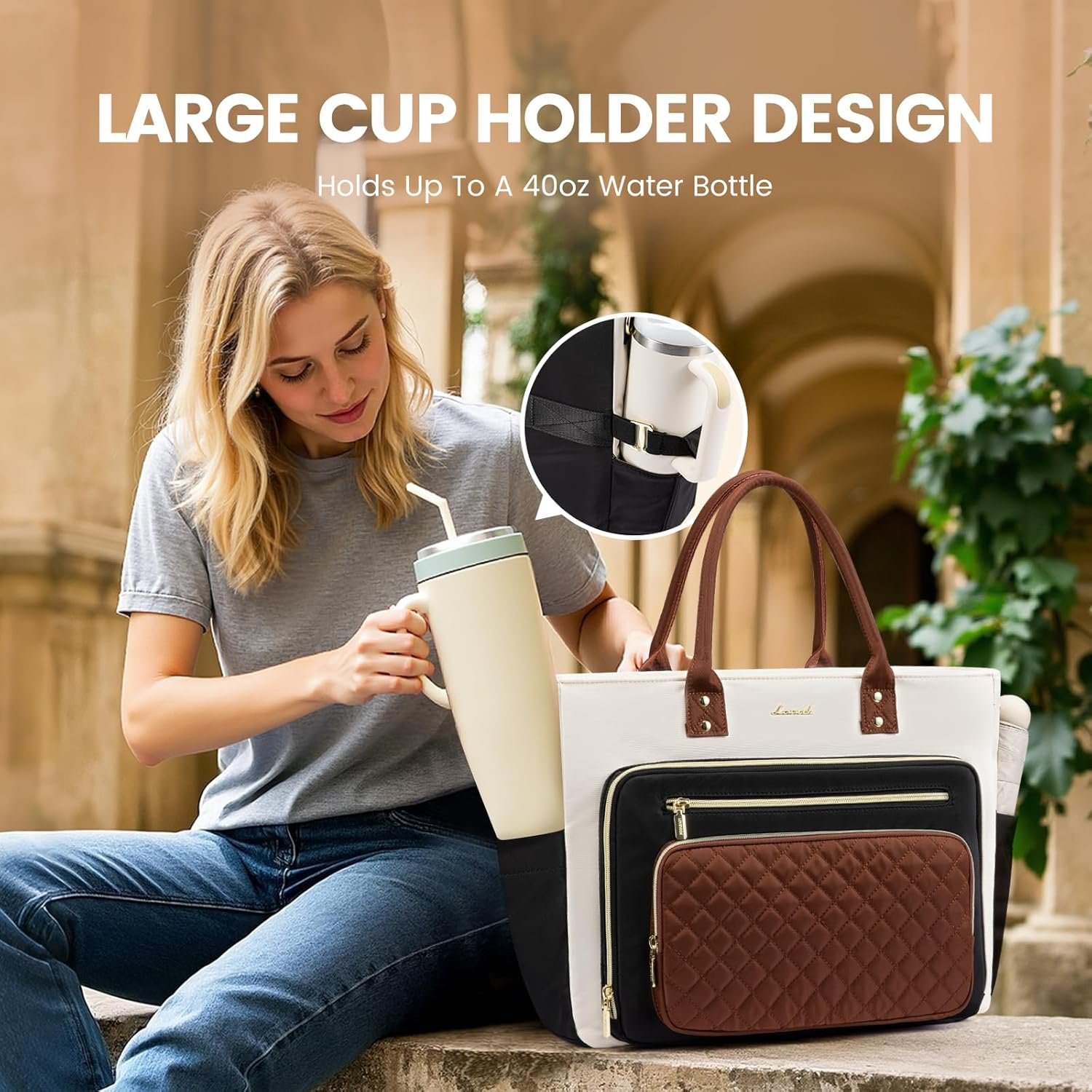 LOVEVOOK Teacher Tote Bag for Women Work, Laptop Bag With Large Cup Holder, Nurse Bags Professional Briefcase Business Computer Purses Handbag, Black-Beige-Brown, 15.6 Inch - Image 2
