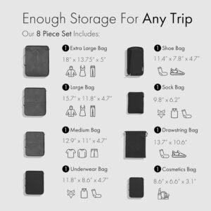(Not Made In China) 8 Set Packing Cubes For Suitcases and Carry-On, Luggage Organizer, Cruise Ship Essentials and Travel Accessories (Black)