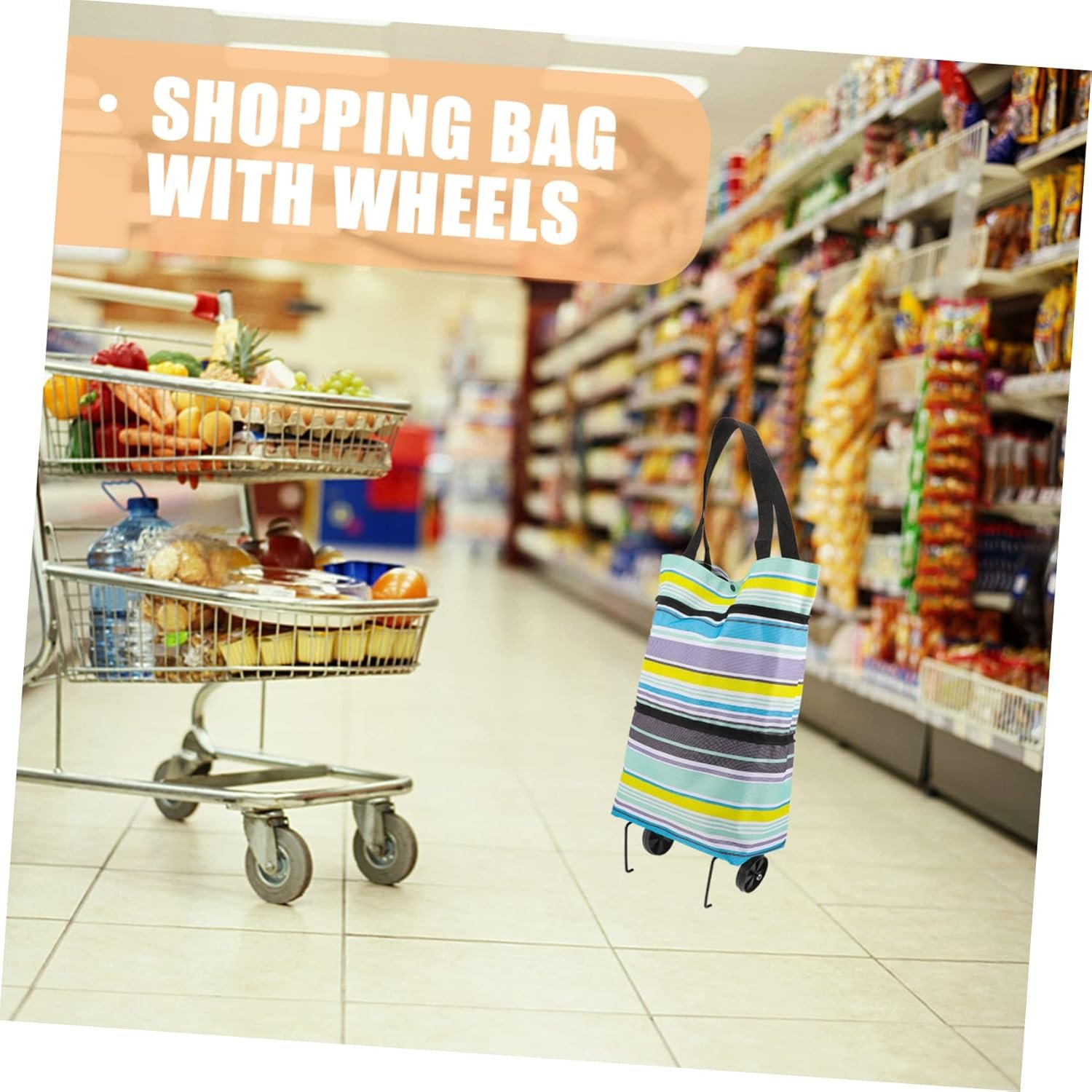 jojofuny Adjustable Handle Foldable Grocery Trolley Bag with Wheels Reusable Shopping Pouch for Travel and Laundry Portable Cart Bag for Daily Groceries and Use Blue Stripe - Image 8