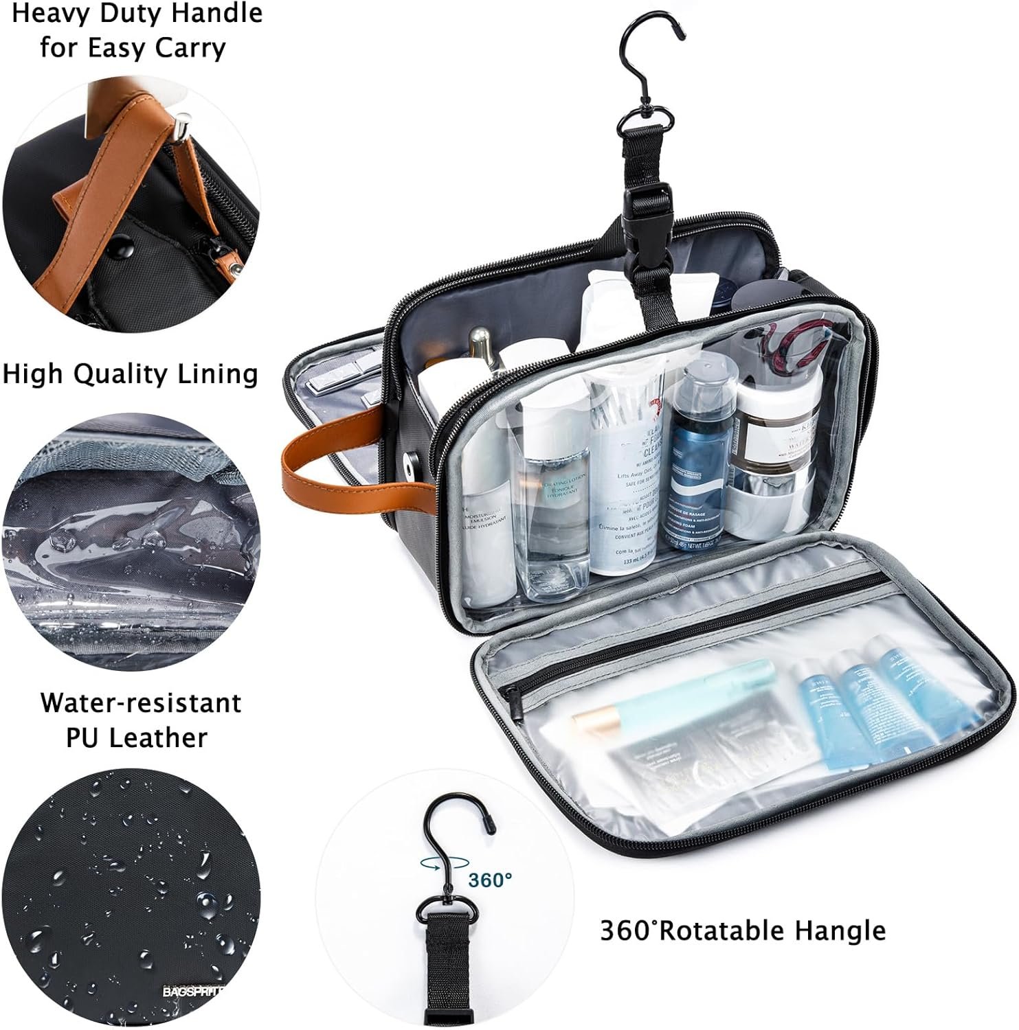 BAGSPRITE Large Toiletry Bag for Men, Women Travel Bag with Hanging Hook, Water-resistant Makeup Cosmetic Bag Shaving Kit Organizer, Bathroom Bag for Traveling - Image 4