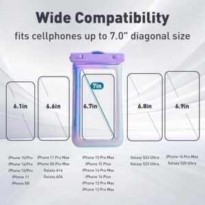 Floatable Waterproof Phone Pouch Case 2 Pax for iPhone 16 Pro Max/15/14/13/12, IP68 Travel Cellphone Dry Bag Beach Cruise Ship Essentials Bags with Crossbody Lanyard, Iridescent Purple and Black-7″