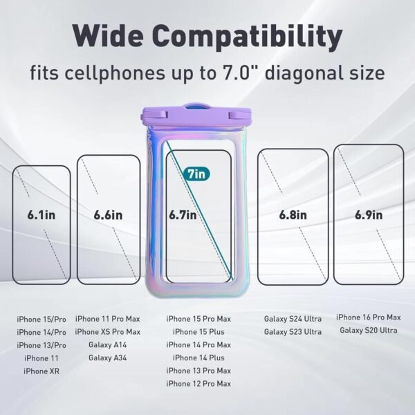 Floatable Waterproof Phone Pouch Case 2 Pax for iPhone 16 Pro Max/15/14/13/12, IP68 Travel Cellphone Dry Bag Beach Cruise Ship Essentials Bags with Crossbody Lanyard, Iridescent Purple and Black-7″ - Image 2
