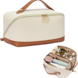 Telena Makeup Bag Large Capacity Travel Cosmetic Bag Portable PU Leather Water Resistant Makeup Organizer Bags for Women with Handle and Divider Open Flat Beige with Brown