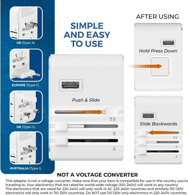 OREI 45Watt Universal Travel Adapter | 3X USBC 2XUSB A - 6-in-1 Universal Power Adapter | Universal Chargers for All Devices Compatible 150+ Countries | Type C, A, G, I Compatible - Image 7