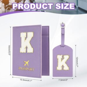PATIKIL Passport Holder for Travel, Initial Passport Cover and Luggage Tag Set with Alphabet Chenille Letter Patch Travel Wallet Bag Suitcase Identifier for Women Family Travel Purple K