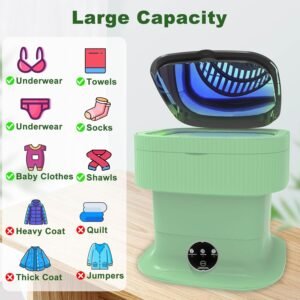 Portable Washing Machine, 15L Foldable Mini Washer & Spin Dryer, Collapible Compact Washer, Small Folding Laundry Washing Machine, Socks, Baby Clothes, Underwear, Dorm, Camping, Apartment, Pure Green